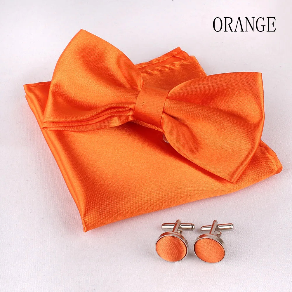 Solid Colors Polyester Adjustable Men's Accessory Set Elegant Pre-Tied Bow Tie Matching Pocket Square & Cufflinks for Wedding