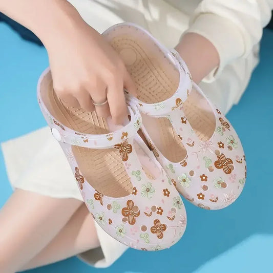 Women's Pink Floral & Butterfly Print Transparent T - Strap Jelly Sandals - Comfortable & Stylish Summer Printed Hole Shoes