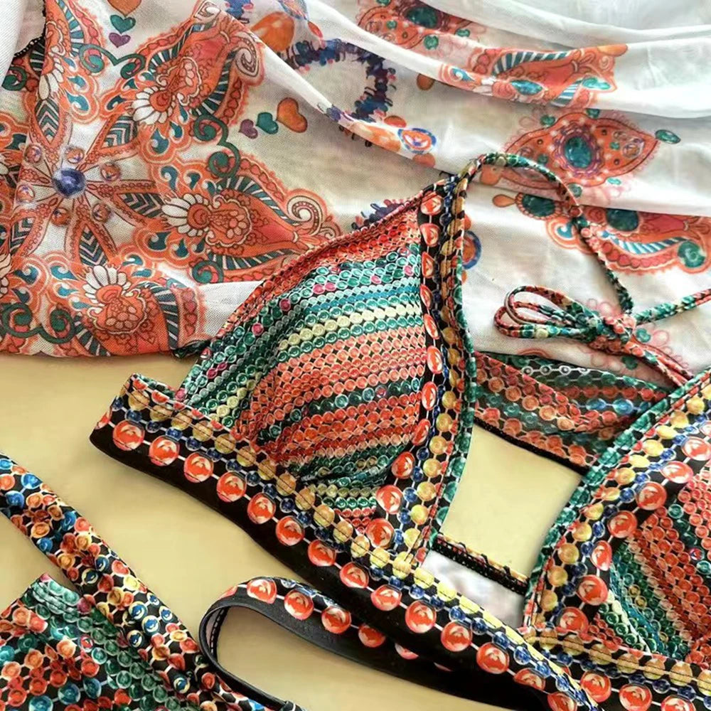 Vintage National Bikini: CXTAQV Cross Front Halter Wire-Free Chain - Mesh Cover Ups 3 Teiliges Set High Waist Plus Size