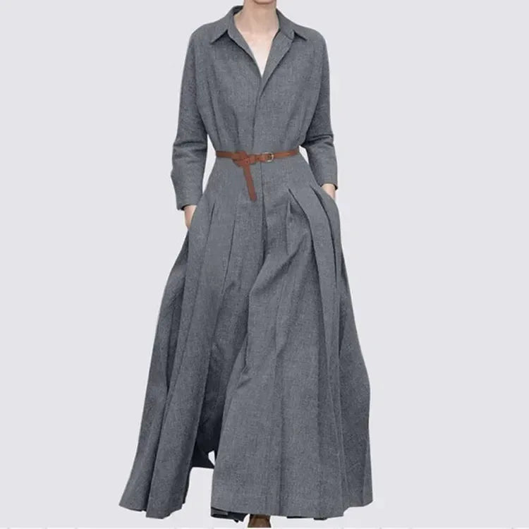 Elegant Shirt Dress for Women Fashion Lapel Temperament Long Dress Spring Autumn New Casual Office Ladies Maxi Dress Modest Robe - Golden Bridge Store