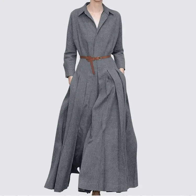 Elegant Shirt Dress for Women Fashion Lapel Temperament Long Dress Spring Autumn New Casual Office Ladies Maxi Dress Modest Robe - Golden Bridge Store