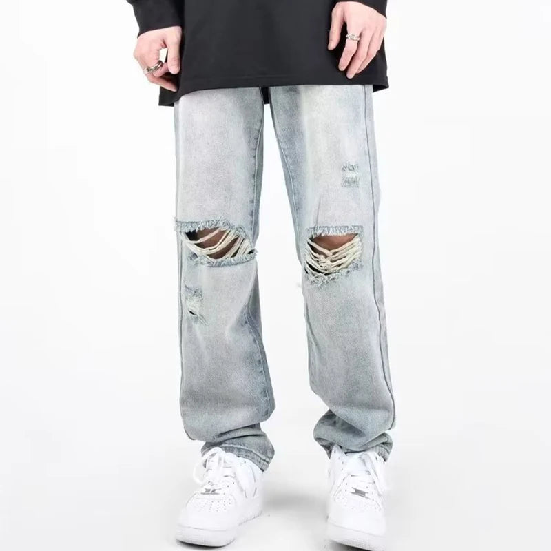 Herren Ripped Jeans 2025 - Summer Blue Loose Fit Hole Wide-leg Streetwear Denim