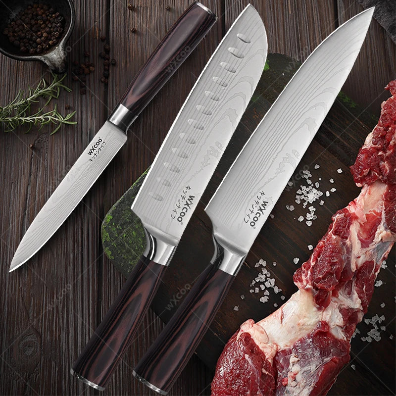 WXCOO Professional Kitchen Chef Knife Damascus Steel Laser Pattern Santoku Knife Double Side Magnetic Kitchen Knife Block