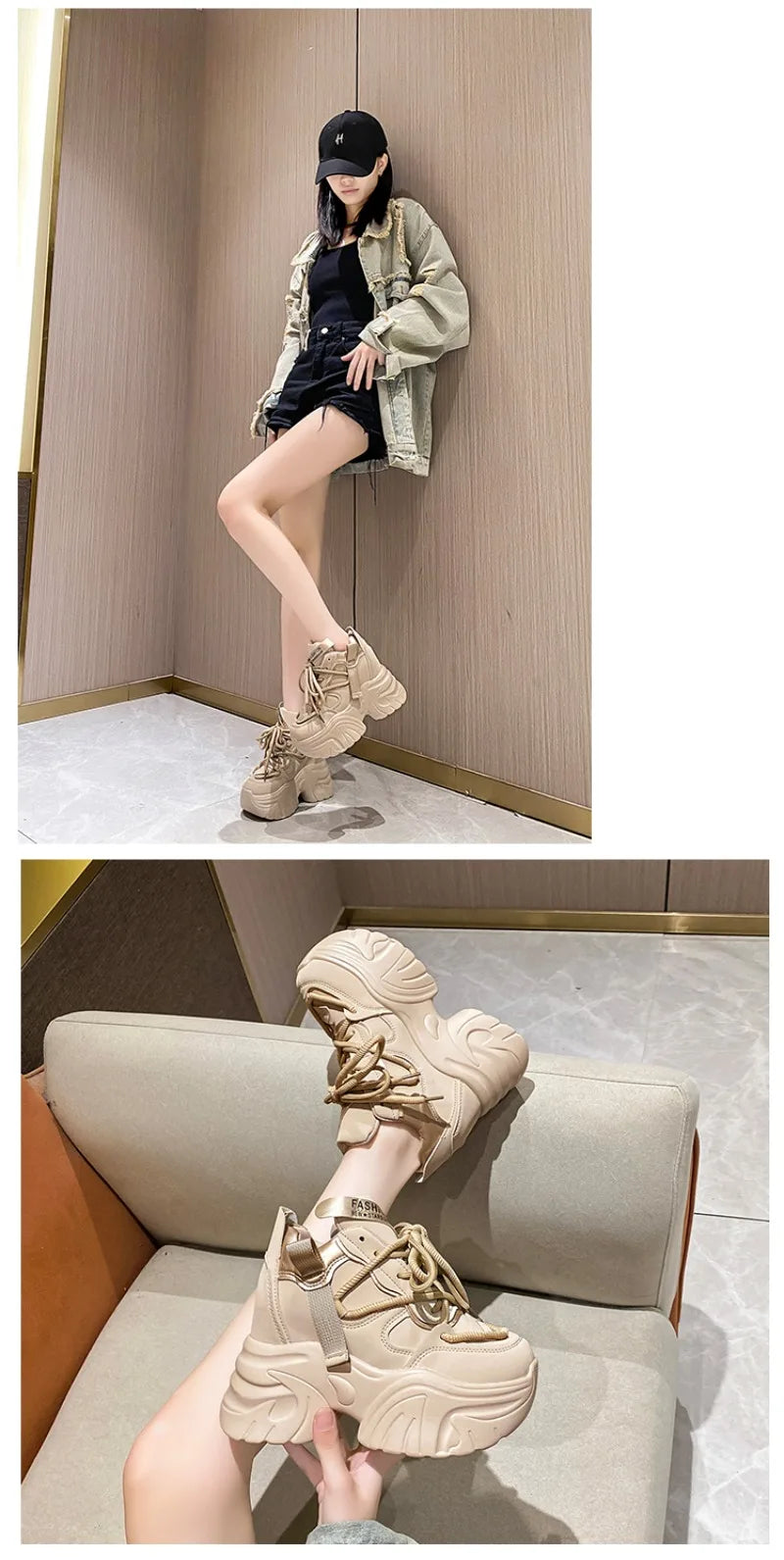 Women Walking Sneakers Autumn Lace-up High Platform Chunky Shoes Breathable Leather Shoes 10.5CM Winter Wedge Heels Casual Shoes
