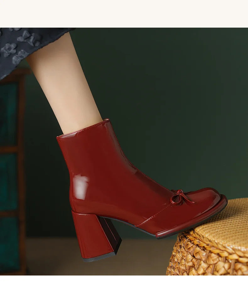 Elegant High Heels Women Ankle Boots Bow Sweet Shoes Winter New 2025 Trend Chunky Pu Leather Party Dress Snow Boots Pumps Mujer