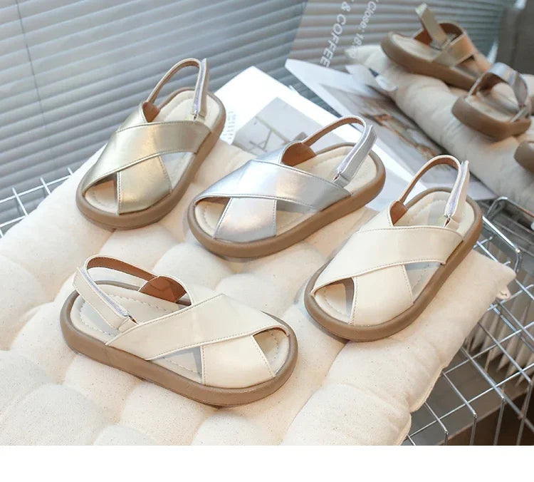 Girls Flats Solid Color Trendy Kids Sandals Hook&loop Adjustable 2025 Summer New Boys Fashion Beach Shoes Hollowed-out Chic