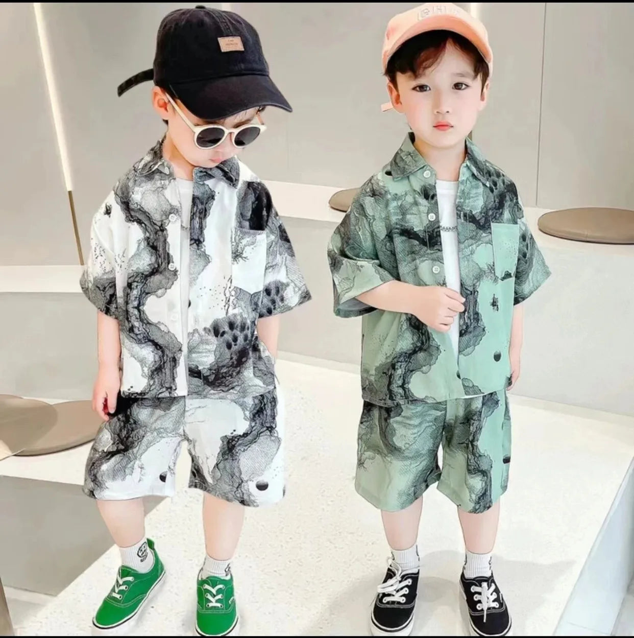 New 2024 Summer Kids Clothes Sets Baby Boys Short Sleeve Lapel Tie-dye Print Shirt Top with Shorts Children Casual Clothing