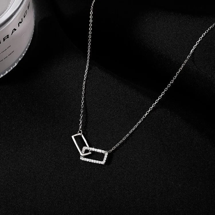 New 925 Sterling Silver Geometric Necklace Shiny Rectangle Pendant Set with Cubic Zirconia Necklace for Girls Fine Jewelry NK064