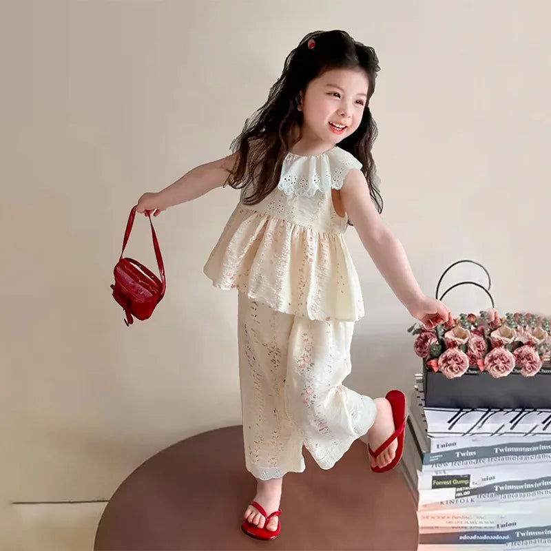 Mädchen-Blumen-Set 2025: Spitzenkragen & Palazzo-Hose - Garden Princess Collection