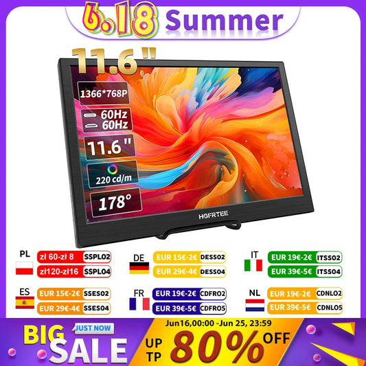 HGFRTEE 11,6 Zoll Portabler Monitor - Gaming- und Erweiterungsmonitor mit HDMI-Anschluss für Laptop, Switch, PS4 und Raspberry Pi