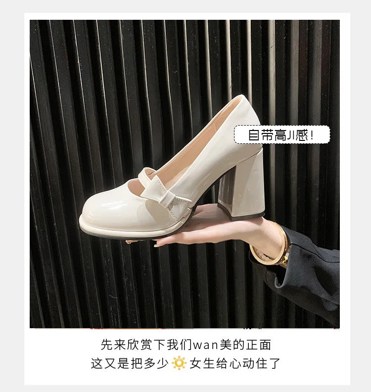 Elegant Heel Shoes Ladies 8cm High Heel Bowknot Solid Mary Jane Zapatos Adult Dress Pink White Black Cosplay Footwear