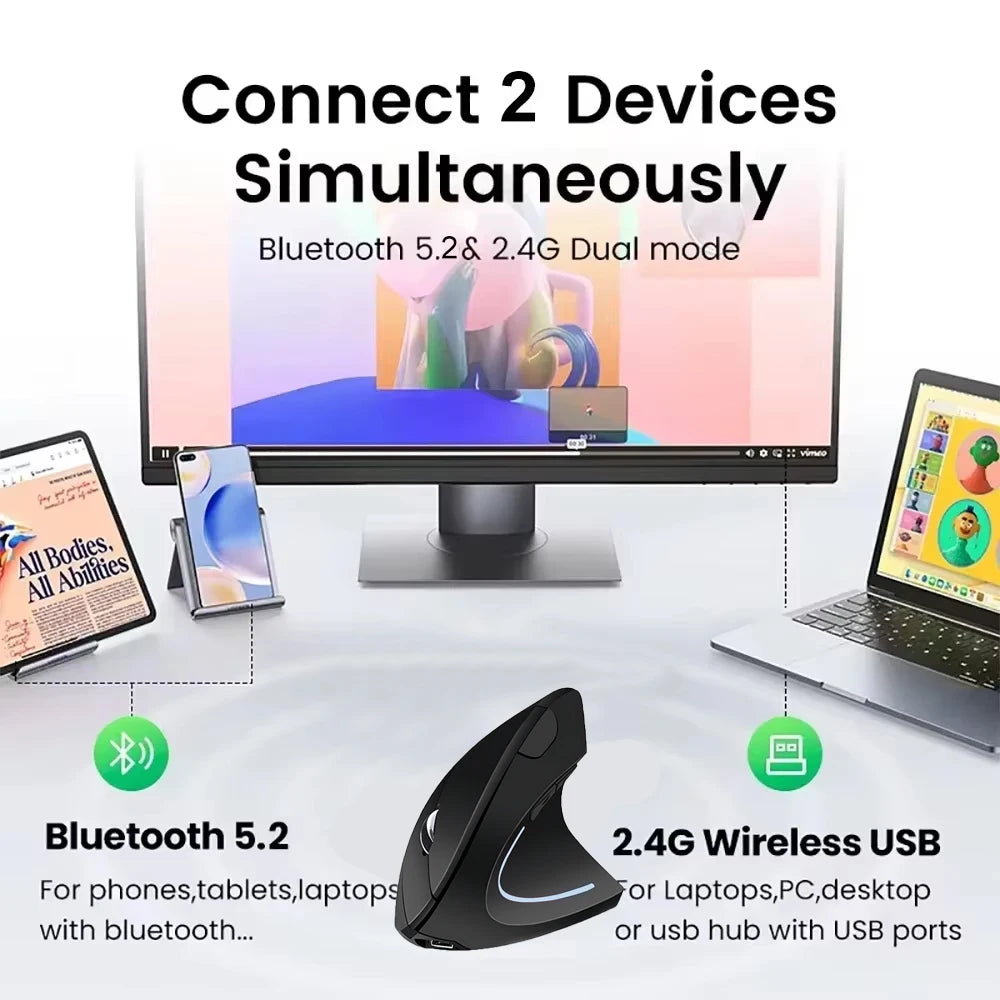 Wireless-Maus 2025: Bluetooth-5.2 Dual-Mode Vertical Rechargeable Silent 1600-DPI Collection