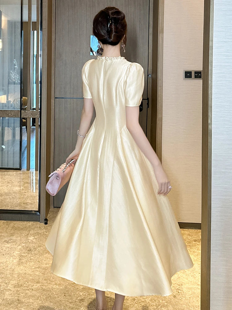 Elegant Host Evening Dress Women's French Vintage Sweet Pearl Hollow Folds Swing A-LINE Long Robe Party Catwalk Prom Vestidos