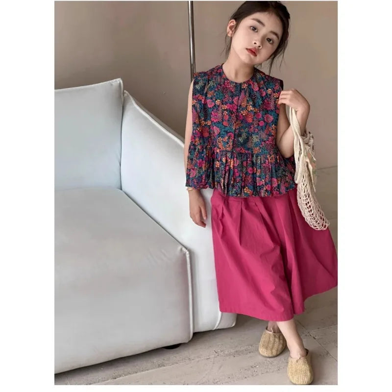 New Summer Infant Baby Girl 2PCS Clothes Set Cotton Floral Print Sleevelss T-shirt Suit Solid Soft Wide Leg Pant Kid Girl Outfit