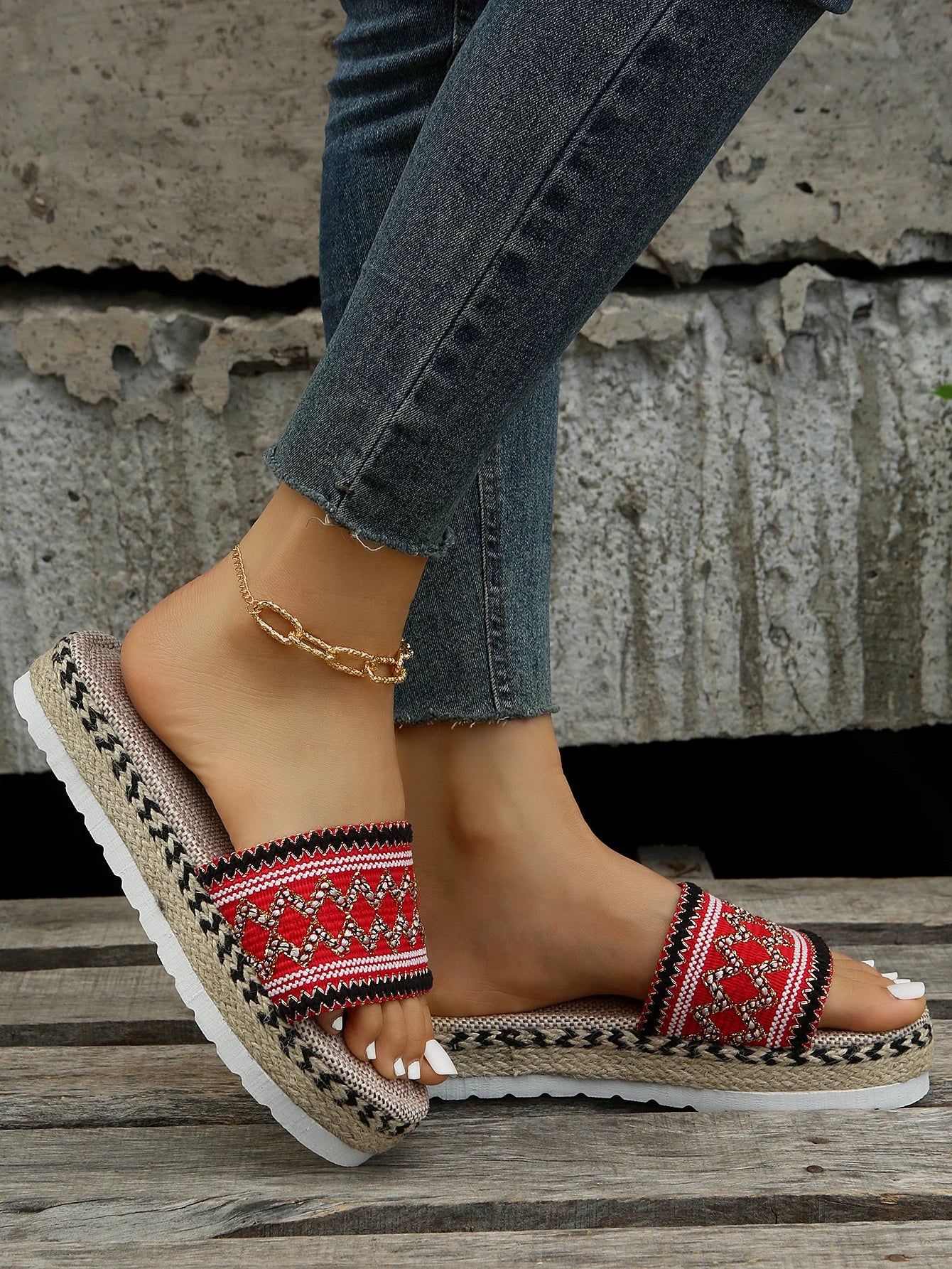 Gewebte Damen Pantoletten Platform - Sommer Schuhe für Damen 2025 Neu - Strand Casual Absatz Sandalen Bohemian Handgemacht Espadrilles