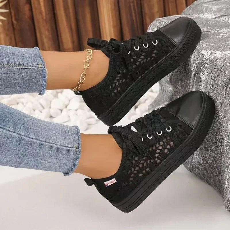 Women Shoes 2025 Fashion Summer Casual White Shoes Cutouts Lace Canvas Hollow Breathable Platform Flat Shoes Woman Sneakers