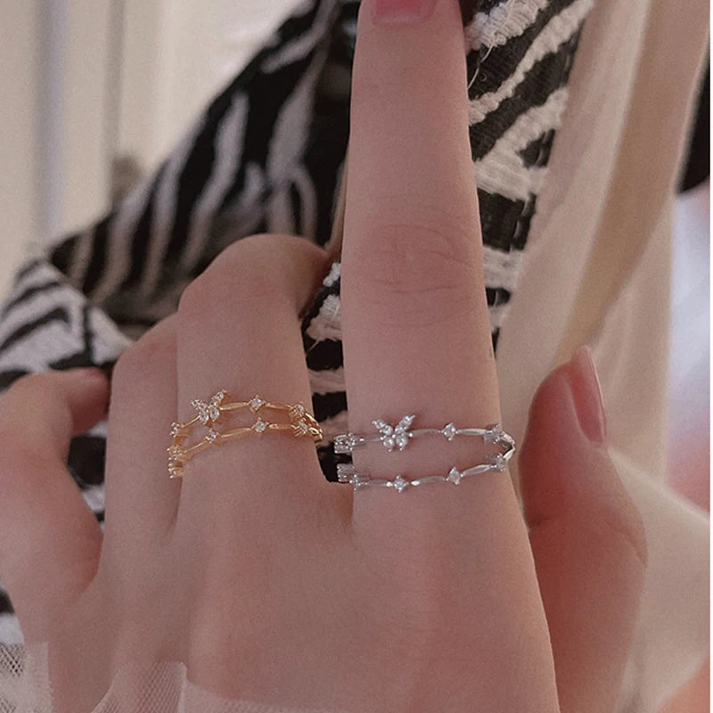 ANENJERY Silver Color Zircon Butterfly Double Layer Adjustable Ring For Women Light Luxury Shiny Accessories Girl Gift