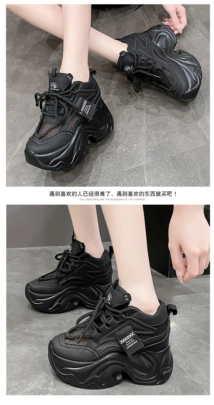 Women High Platform Sneakers New Summer 9.5CM Wedge Heels Thick Sole Leather Shoes Autumn Breathable Mesh Chunky Sneakers Woman
