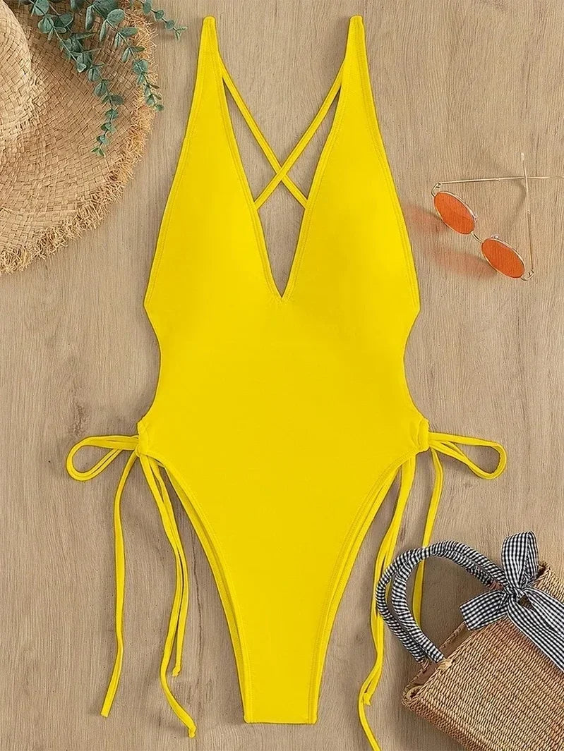 Badeanzug 2025: TOKITIND Solid Lace Up Badeanzug Damen Sexy Swimsuit Swimwear - Push Up Damen Bathing Suit Beachwear Female Bodysuit