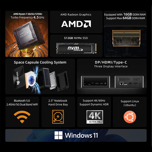 BMAX B5A PRO Ryzen 7 - 512GB NVMe, 16GB DDR4, Mini PC