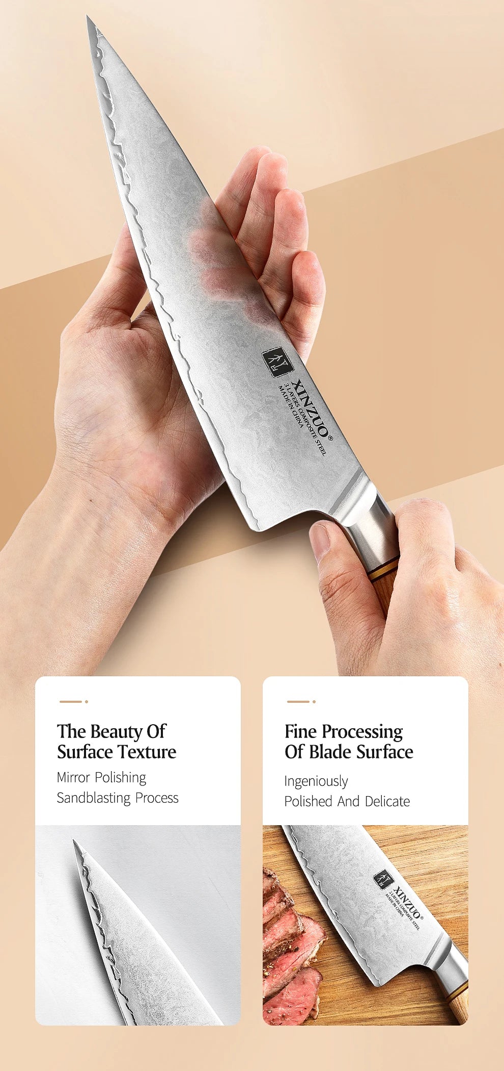 XINZUO 1-5pcs Knife Set Pakkawood Handle Nails 3-layer Clad Steel 60±2 HRC 15°±1 Per Side Kitchen Accessory Tools Best Gift