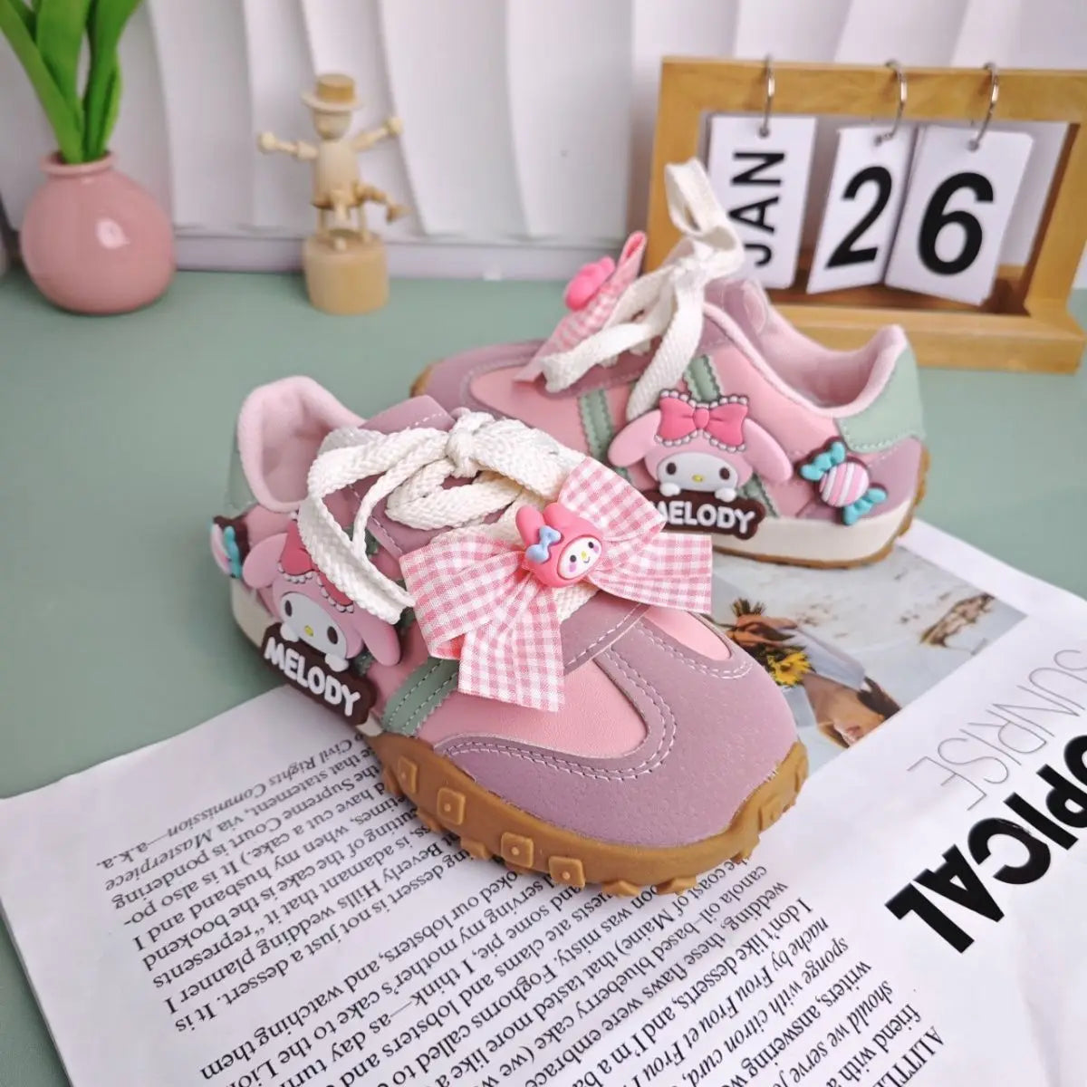 Kinder Casual Schuhe 2025 - Mädchen Cartoon MELODY PU Leder Outdoor Schleife - Anti-Rutsch Sneakers Rosa Größe 26-37 7-13J