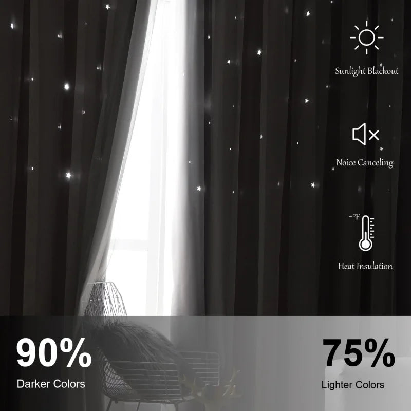 Blackout Curtains for Bedroom Double Layer Star Cutout Cute Curtain Grommet Top Window Curtain Panel for Living Room and Nursery