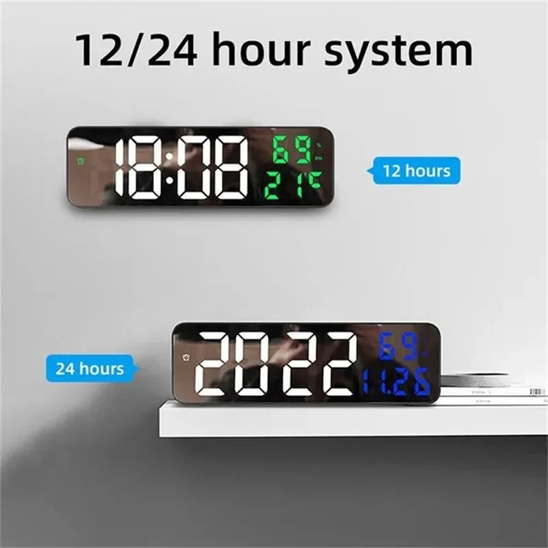 Led Wall Clock Large Screen Digital Mirror Adjustable Brightness Temp Humidity Date Display Alarm Clocks for Home Living Room