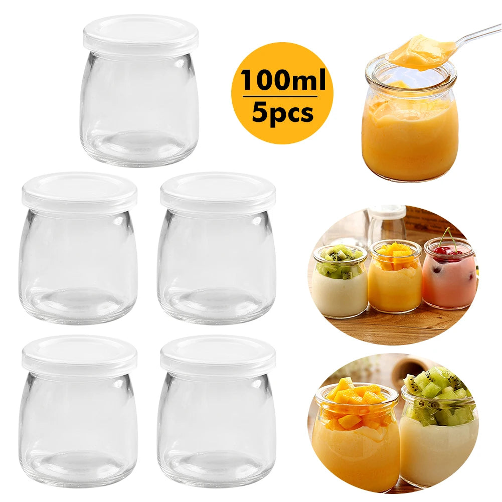 Glass Jar, Mini Yogurt Pudding Bottle, Milk Jelly Baking Pot, Home Food Storage Container, Heat-Resistant, 100ml, 200ml, 5Pcs