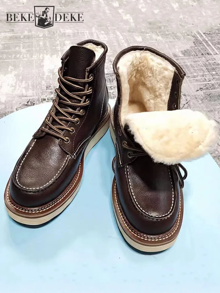 BEKEDEKECN Schneestiefel Warmes Wollfutter - Obermaterial Leder, Innenfutter Wolle, Schnürung Knöchelhoch