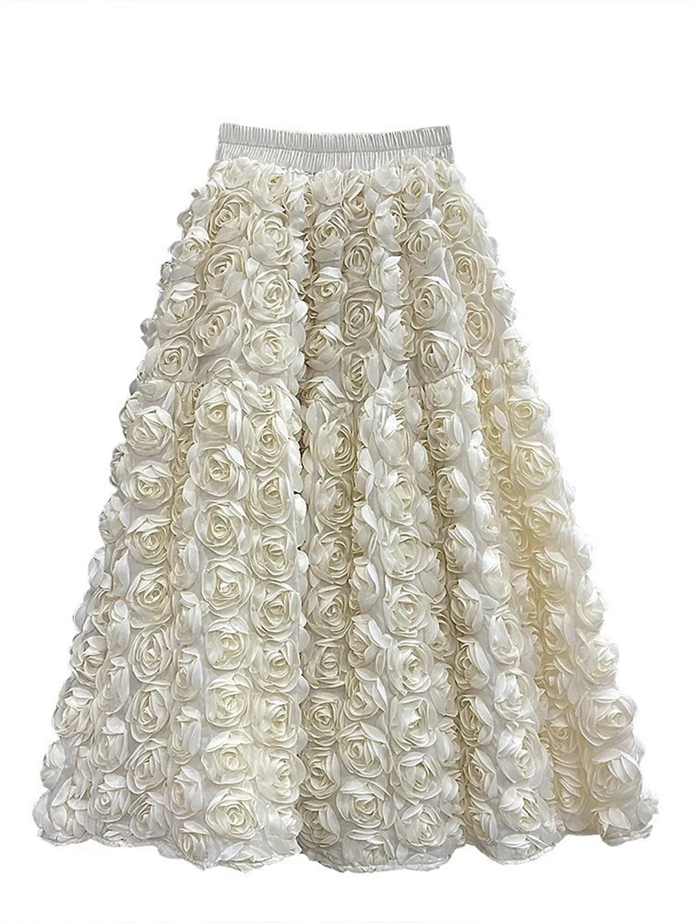 Elegant Fashion 3D Flowers Mesh White Skirt French Chic Elegant Long Skirts Women A-line Elastic High Waist Female Skirt - Golden Bridge Store