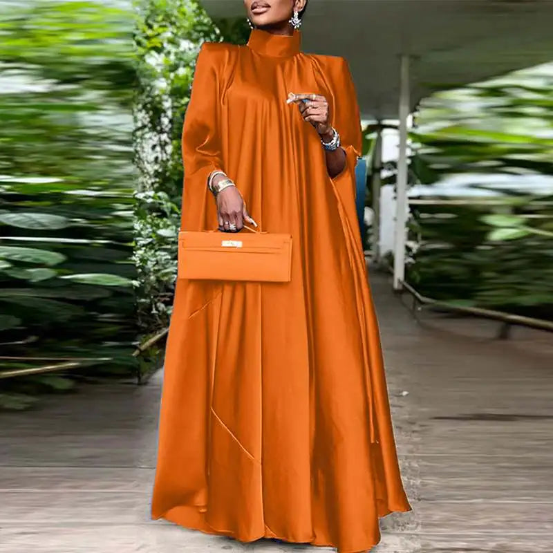 Elegant Evening Dress 2024 VONDA Women Pleated Stand Collar  Long Sleeve Satin Party Sundress Casual Solid Loose Robe Vestidos