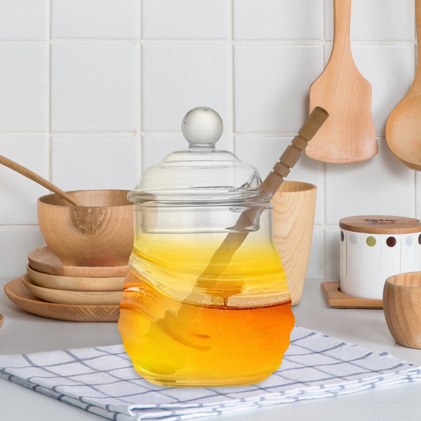 Glass Honey Pot Jar Kitchen Tools Honey Storage Container with Dipper and Lid Honey Bottle for Wedding Party Office Kitchen Home