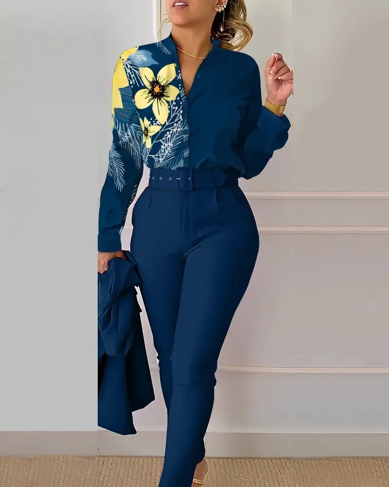 Femei elegante cămașă două piese set costume toamna nouă modă imprimare mânecă lungă top pantaloni negri set cu curea bluze îmbrăcăminte feminină