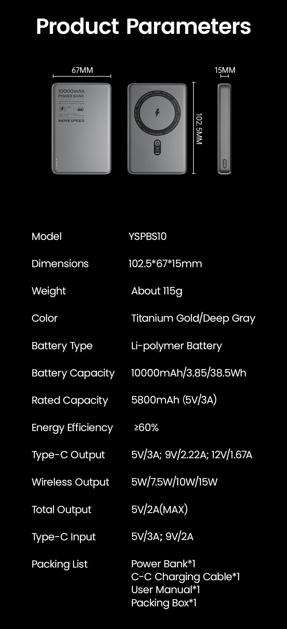 MOVESPEED S10 10000mAh Magnetic Power Bank Fast Charge Portable External Battery Mini Wireless Powerbank for iPhone 16 Samsung