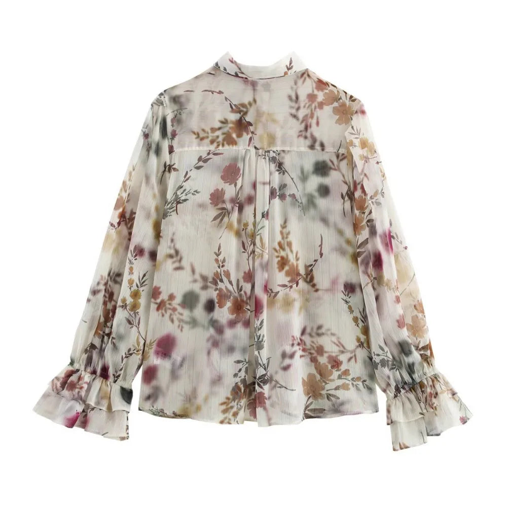 ZBZA Women's Floral Print Loose Shirt Lapel Ruffle Sleeves Single-breasted Casual Retro Blouse Spring Summer New Female Chic Top