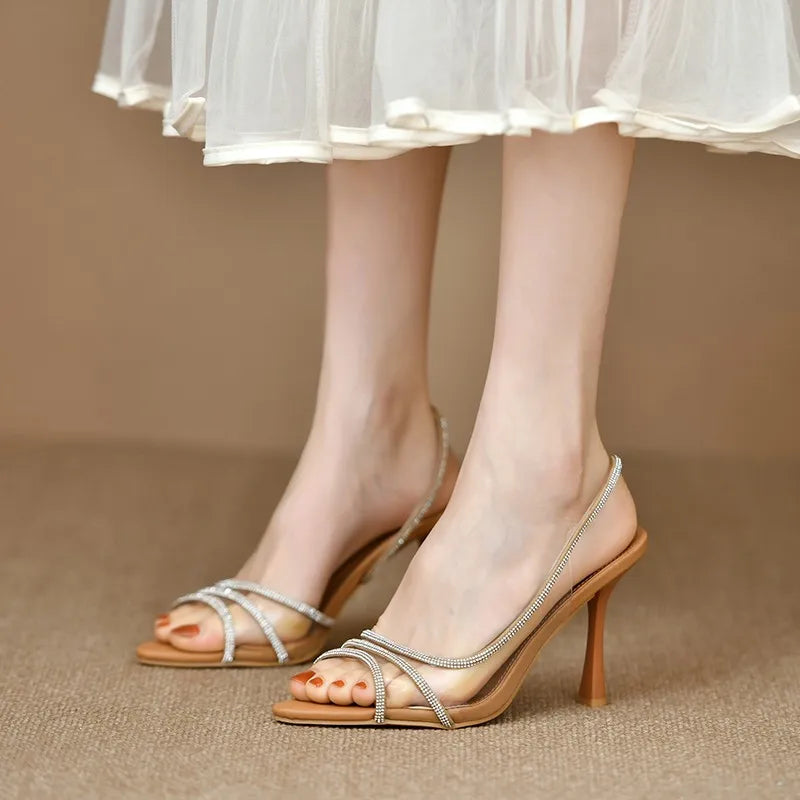Women Summer Rhinestone Slingback Pumps Office Lady Transparent Heeled Sandals Elegant Pointed Toe Female elegant High Heels