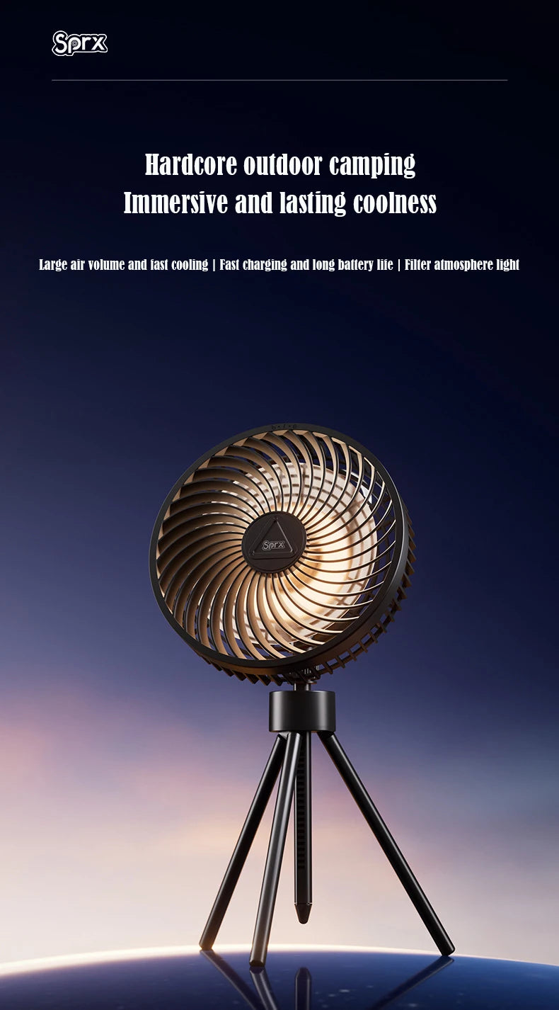 12000mAh Tripod Camping Fan Rechargeable Desktop Portable Circulator Wireless Ceiling Electric Fan with Power Bank LED Lighting