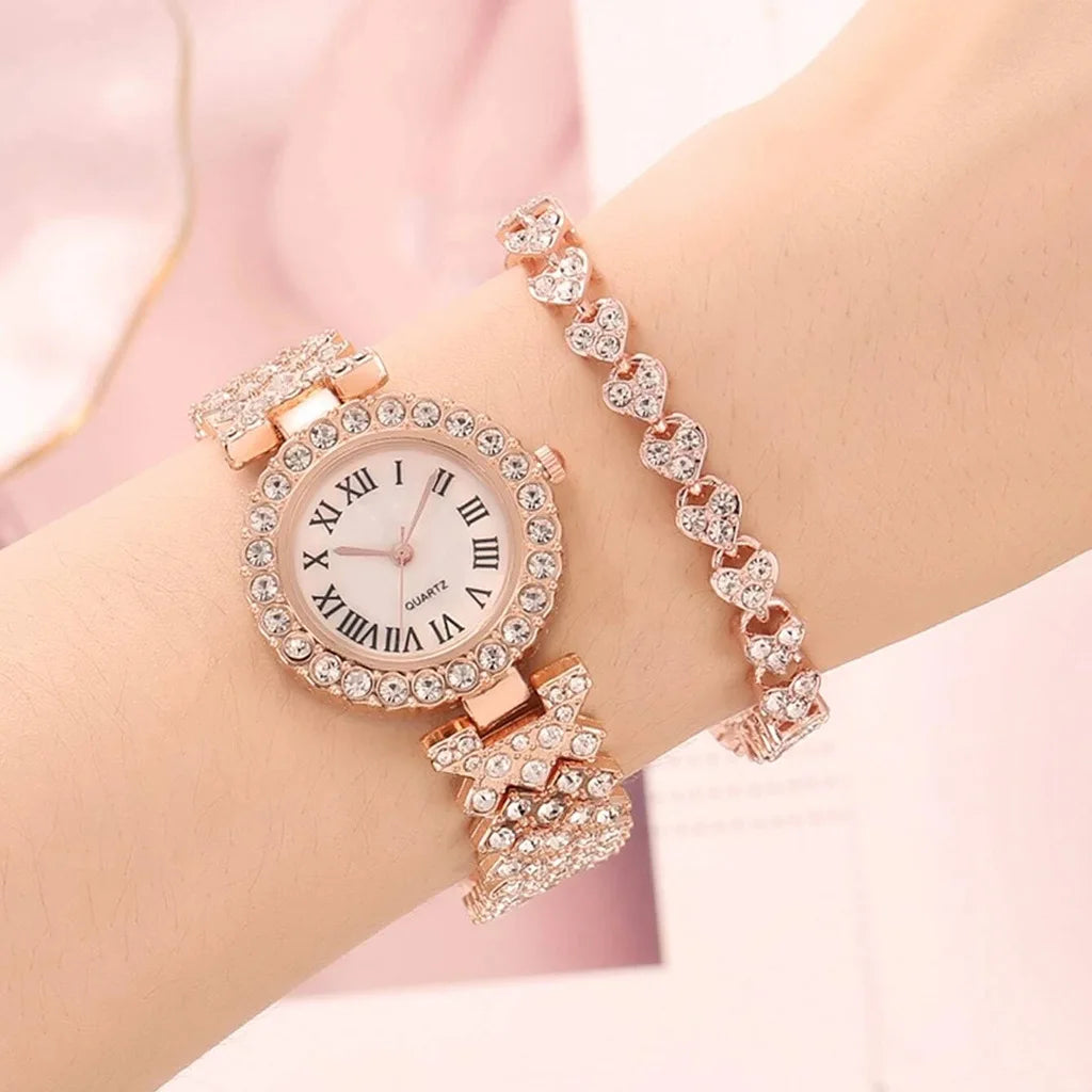 Luxus Damen Glänzende Armbanduhren 2-teiliges Set - Roségold Uhr Mode Damen Elegante Quarz Diamant Armbanduhr