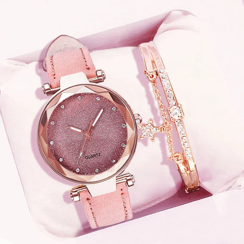 Casual Uhren Damen Romantischer Sternenhimmel - Uhr Armband Leder Strass Designer - Damen Uhr Einfaches Kleid Geschenk