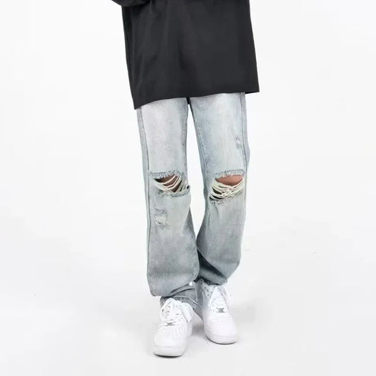 Herren Ripped Jeans 2025 - Summer Blue Loose Fit Hole Wide-leg Streetwear Denim - Golden Bridge Store