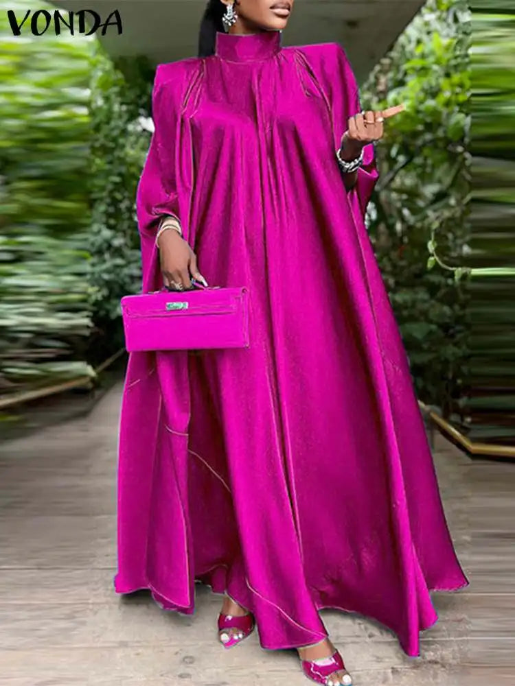 Elegant Evening Dress 2024 VONDA Women Pleated Stand Collar  Long Sleeve Satin Party Sundress Casual Solid Loose Robe Vestidos