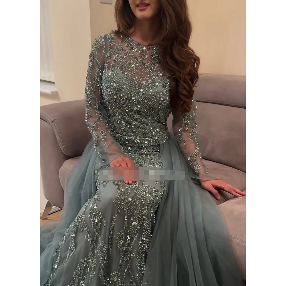 Rochie de seară elegantă pentru femei 2025 musulmană, mâneci lungi, sirenă, trenă detașabilă, mărgele, rochie de bal formală, nuntă, petrecere, personalizată