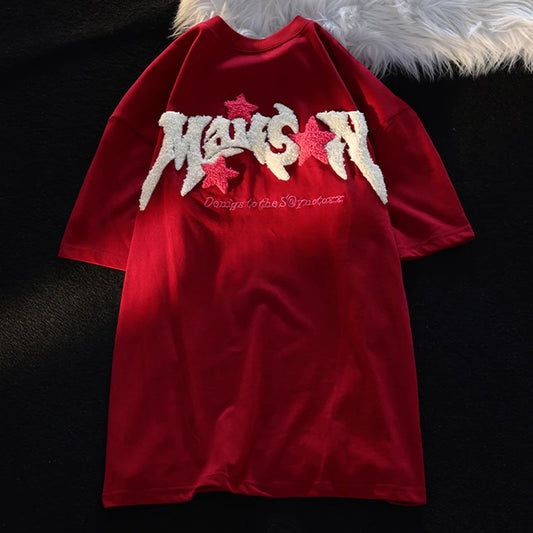 Embroidery Letter Fashion T-shirts for Women Summer 2024 American Vintage Women's Tee Shirt Fun Print Design Y2k Tops - Golden Bridge Store