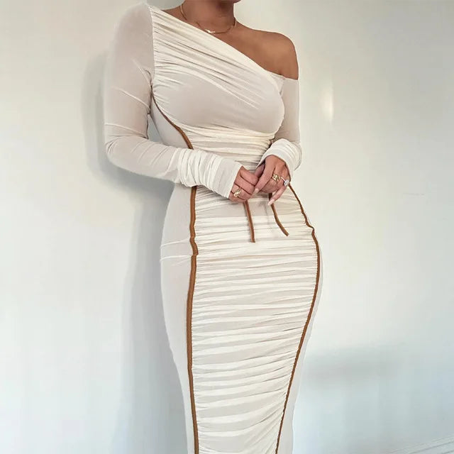Elegant Women Dresses Diagonal Collar Long Sleeve Two Layer Mesh Backless Pleated Bodycon Sexy Club Party Evening Dress