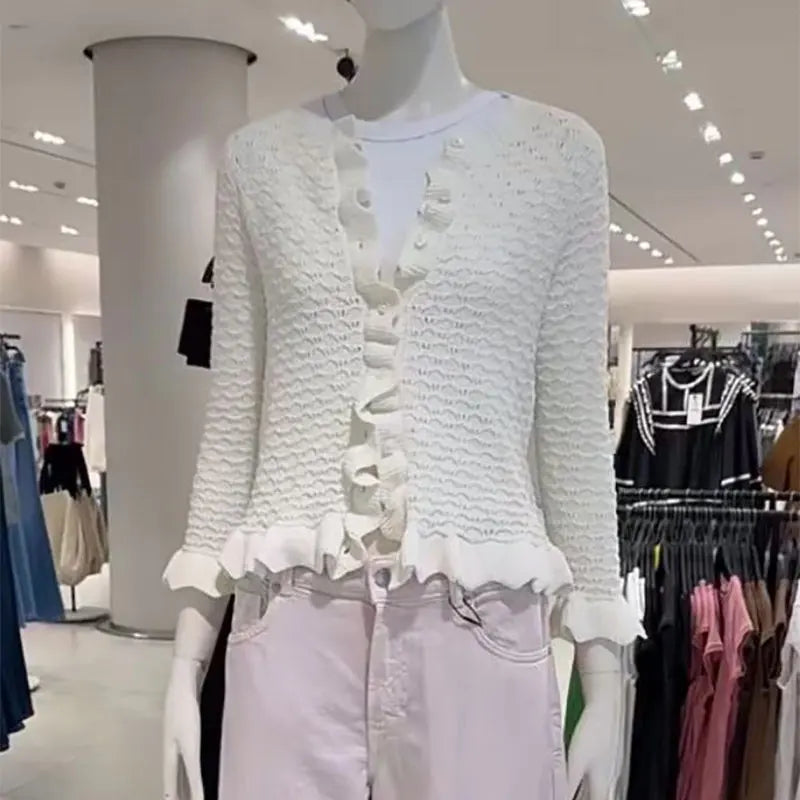 GACVGA Rüschen Strickjacke Chic - Slim Fit, 3/4-Ärmel, M