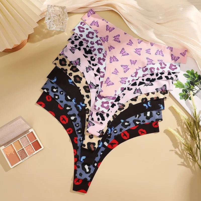 All Of Me Damen-Unterwäsche 2025 - 3er-Set Ice Silk nahtlose Strings Leopard & Schmetterling Print