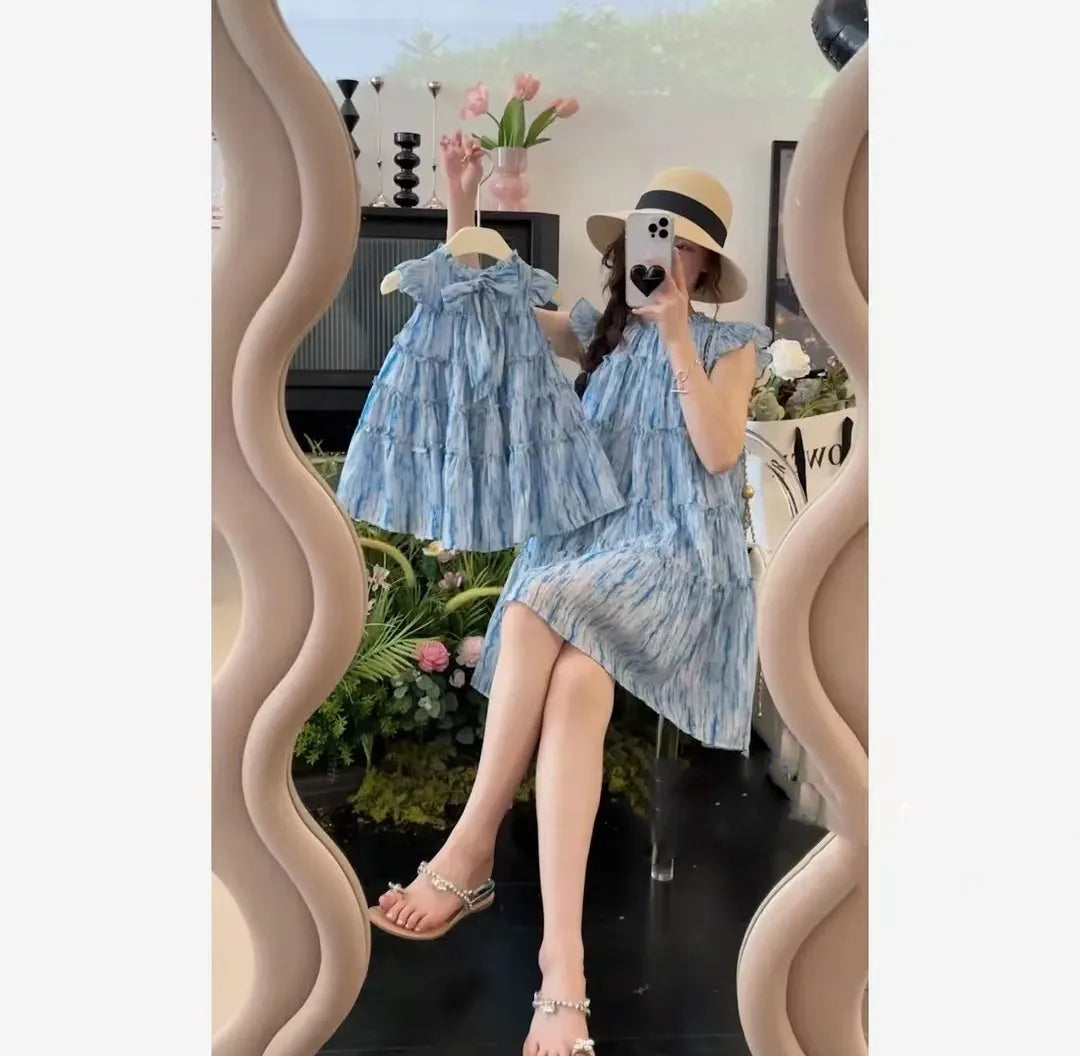 Neue Sommer Familie Matching Outfits Flare Ärmel Runder Kragen/Schulterlos Knielang Süß Kleid Für Tochter Mutter H6159