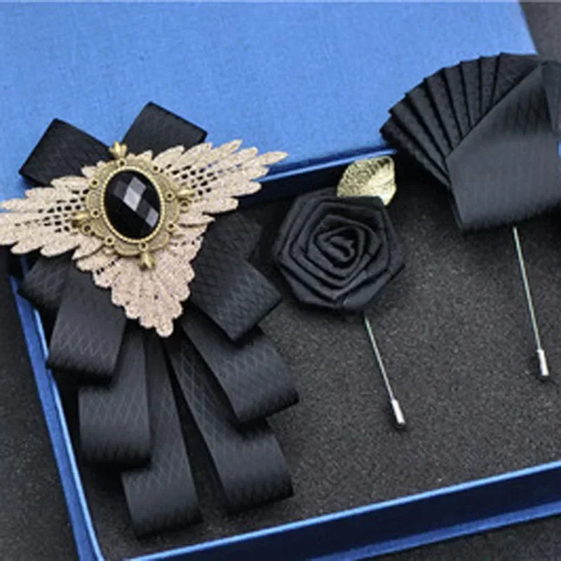 Set de nuntă 2025: Noua modă britanică pentru bărbați, performanță de nuntă pentru mire - Set de accesorii pentru bărbați cu papion, guler floral și buzunar, pentru petrecere de nuntă