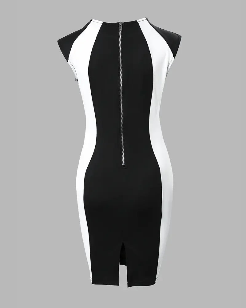 Elegant Women Party Club Dresses 2023 Summer Fashion Colorblock Round Neck  Bodycon Dress Sleeveless Casual Mini Black Dress